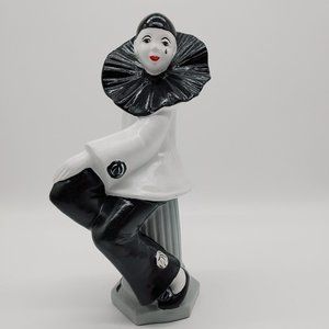 Vintage clown sad pierrot ceramic porcelain black white sit